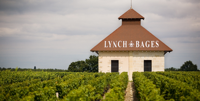 Château Lynch-Bages, a renowned wine estate in Pauillac, Medoc, featuring its iconic tower surrounded by lush vineyards under a cloudy sky.