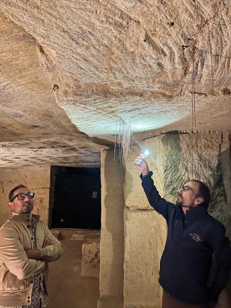 Wine tourists looking at vine roots through the limestone of Saint Emilion